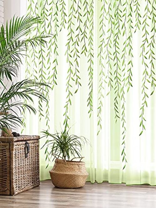 Willow Voile Curtains Cute Green Sheers Leaf 78.7″W x 39.4″L (Pack of 2) 1
