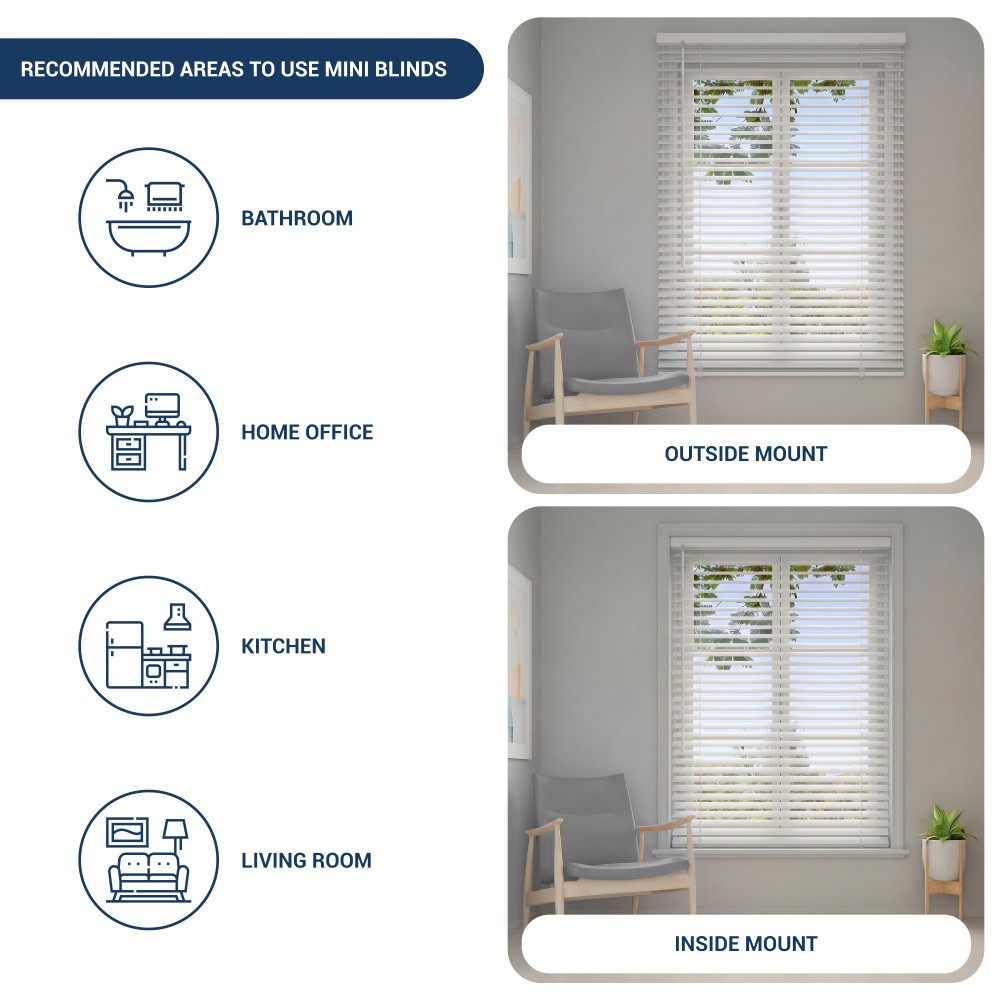 Cordless 1″ Light Filtering Vinyl Mini Blinds, White, 27″ x 60″