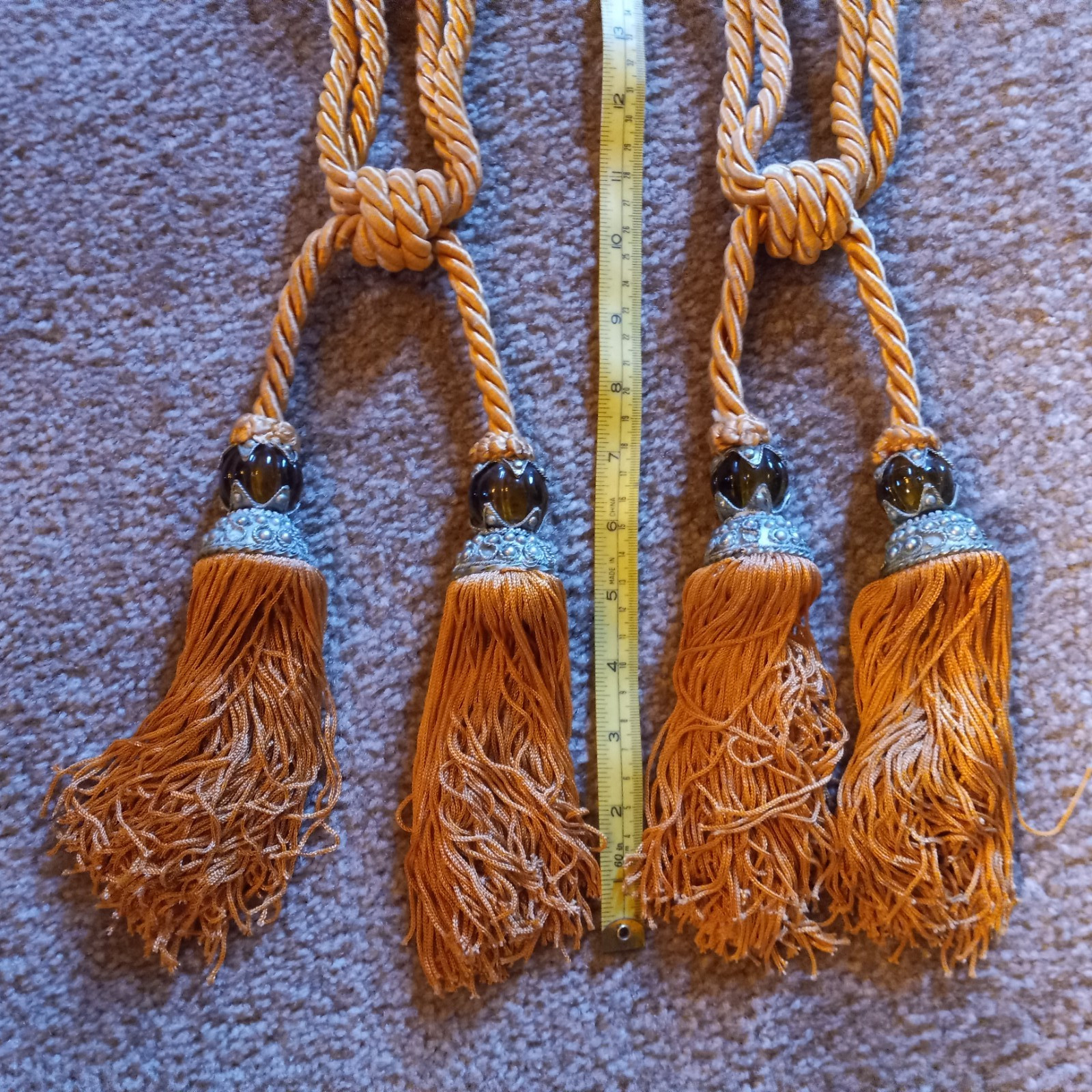 2 Curtain/Drapes Tassel TIE BACKS Amber Glass Bead w/ Metal Trim