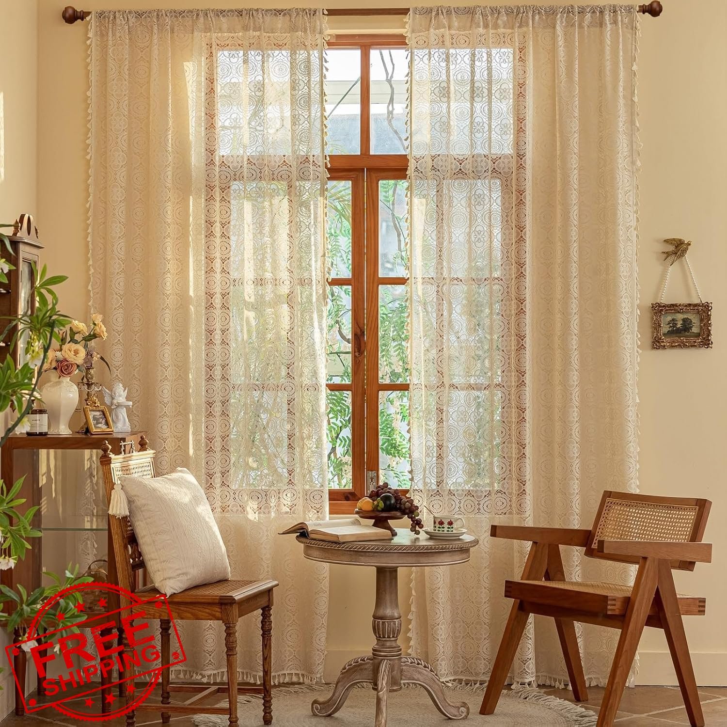 YJ YANJUN Beige Boho Lace Curtains, 108″ L, 2 Panels, Tassel Drapes