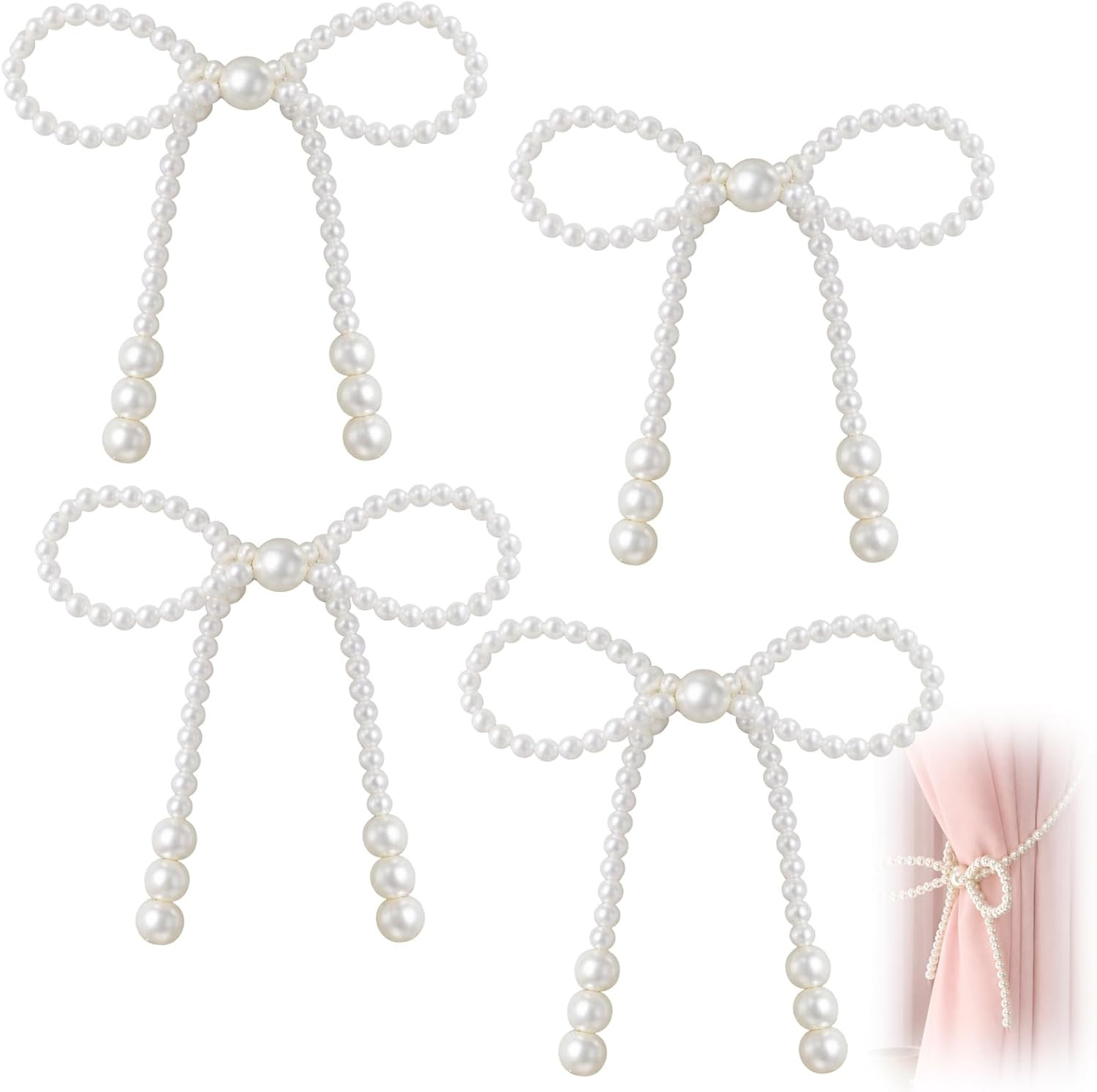 4 Set of Bow Curtain Tiebacks, Pearl Bow Curtain Holders, Elegant Window Treatme