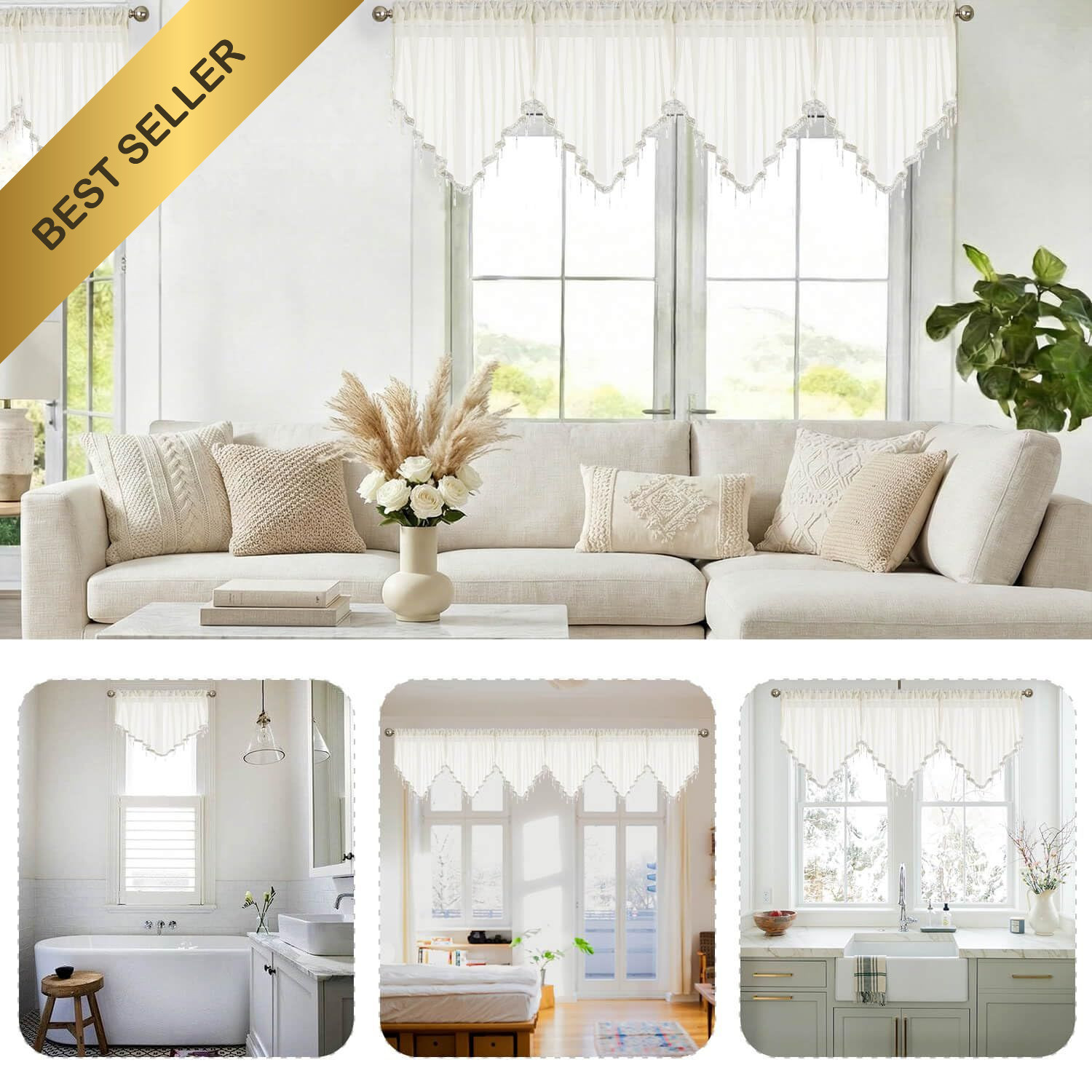 WUBODTI Ivory Sheer Valance Curtain Boho Beaded Tassel Lace 51×24 Window Decor