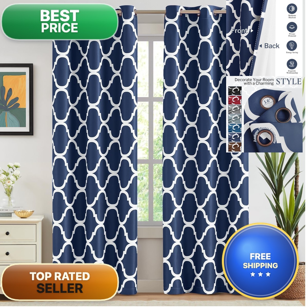 Melodieux Navy Blue Moroccan Blackout Curtains 84 Inches Long For Living Room