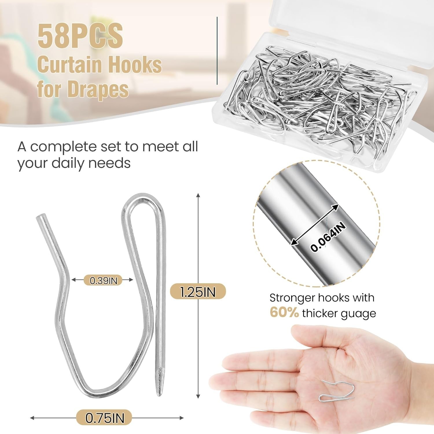 1.25IN Curtain Hooks for Drapes, 58PCS Rustproof Metal Drapery Hooks Pins fo…