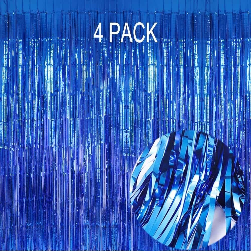Blue Foil Fringe Curtain- 4 Pack of 3.2×8.2ft Blue Streamers Backdrop Curtain…