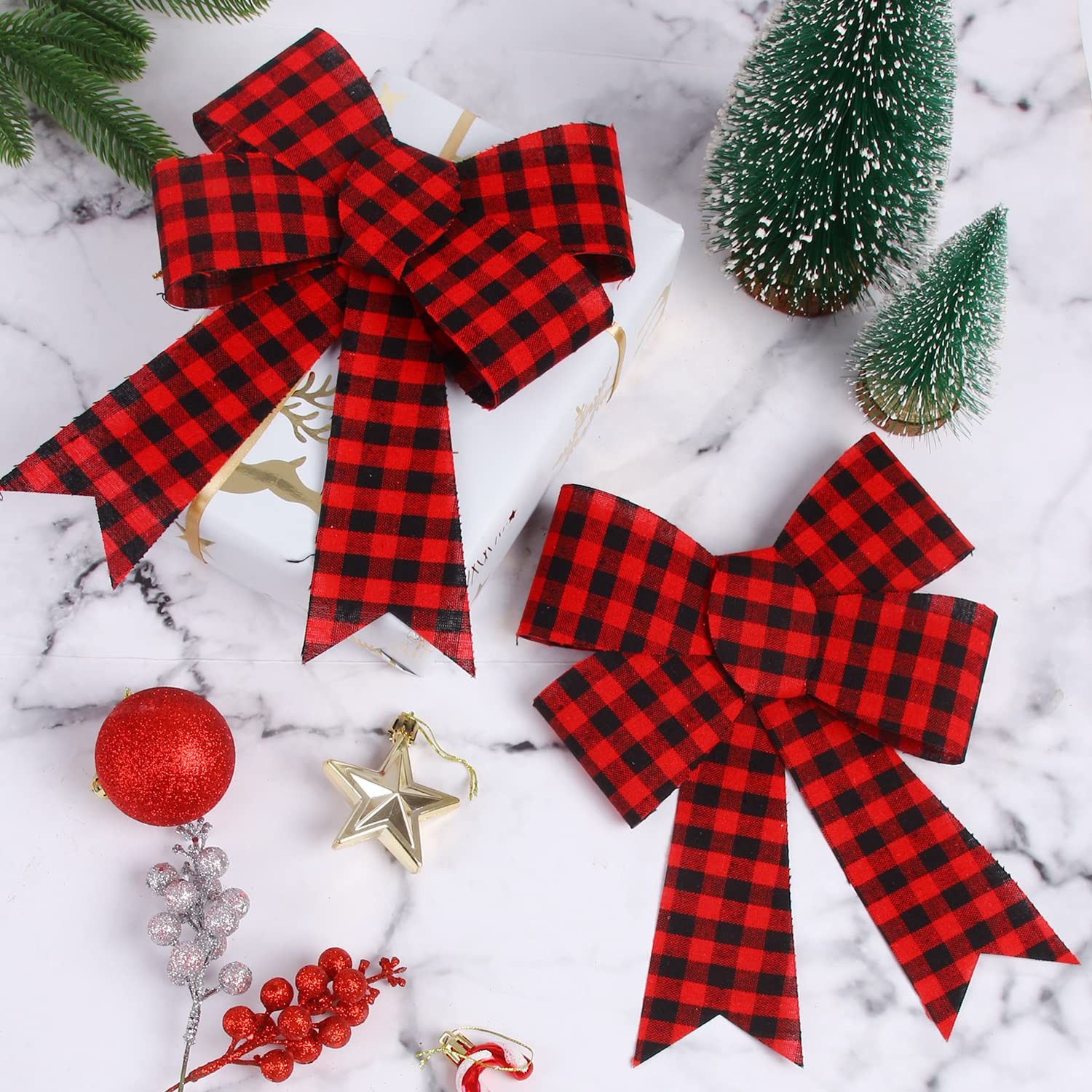 6PCS Large Buffalo Plaid Christmas Bows,11 x 8 Inches Red and Black Plaid Chr…