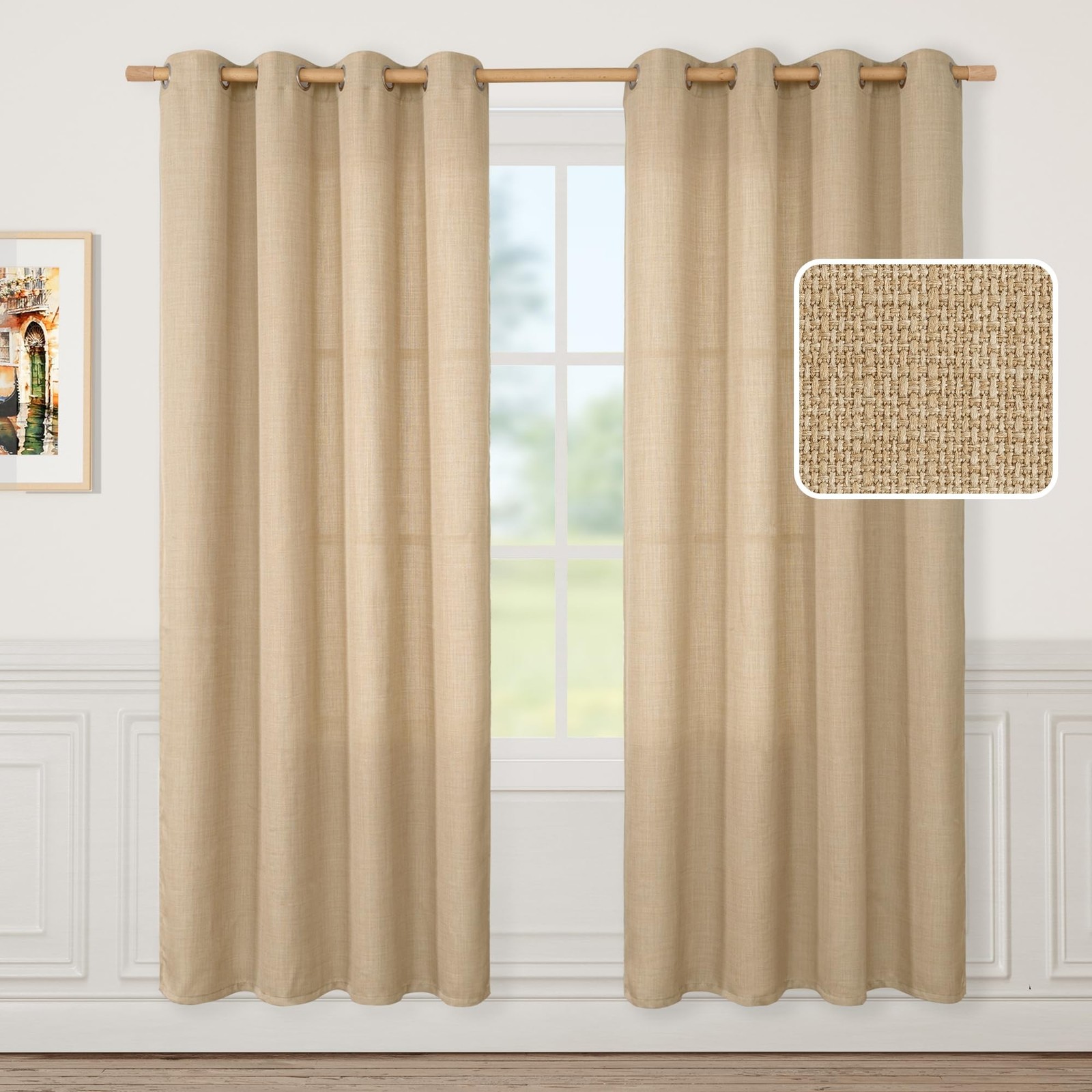 LAMIT Natural Tan Linen Curtains 80 Inch Long 2 Panels Set, Grommet Light Fil…