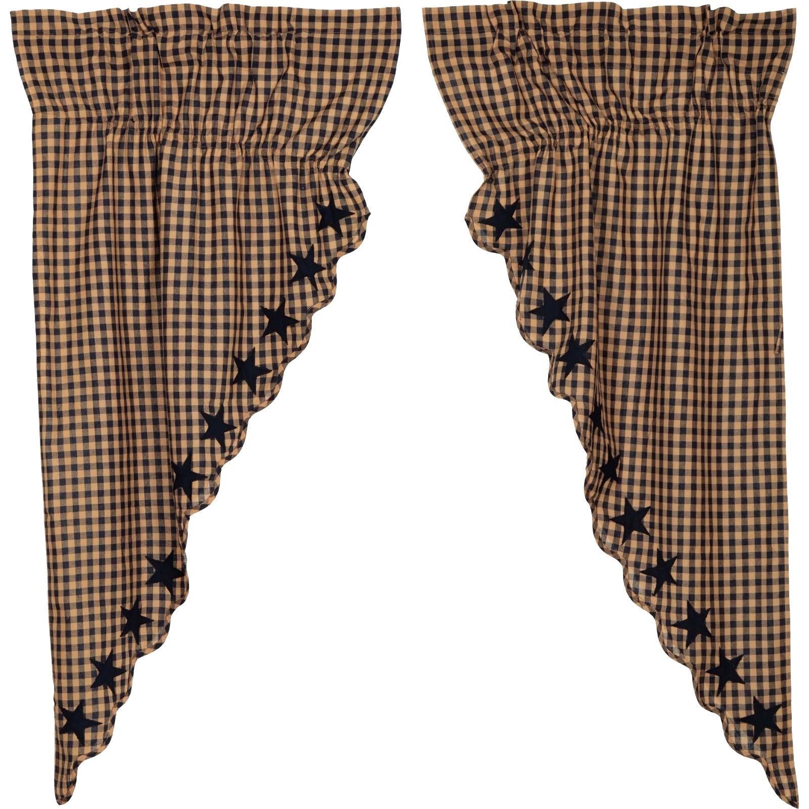 Lined Prairie Curtain Navy Star Appliqued Blue Dark Tan Check Country Drawstring