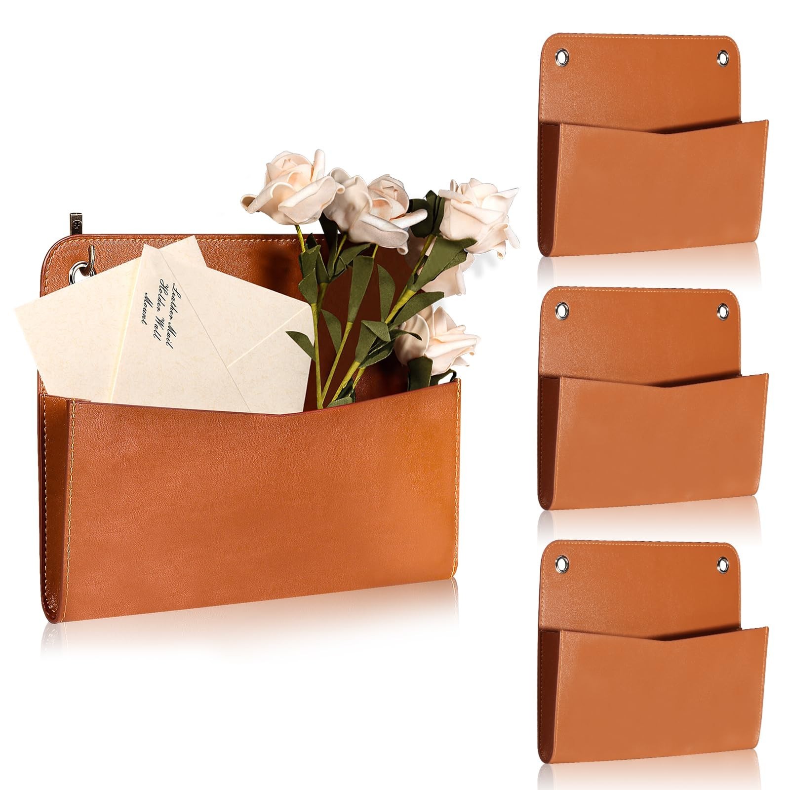 3 Pcs PU Leather Mail Holder Wall Mount Brown PU Leather Letter Holder Vintag…