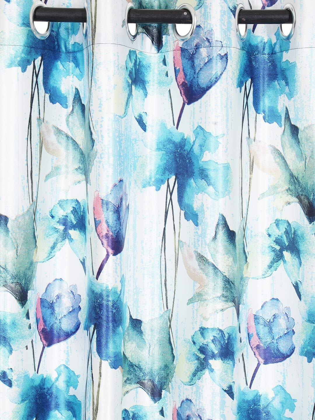 2 Piece Premium Floral Polyester Door Curtains 7Ft – Blue