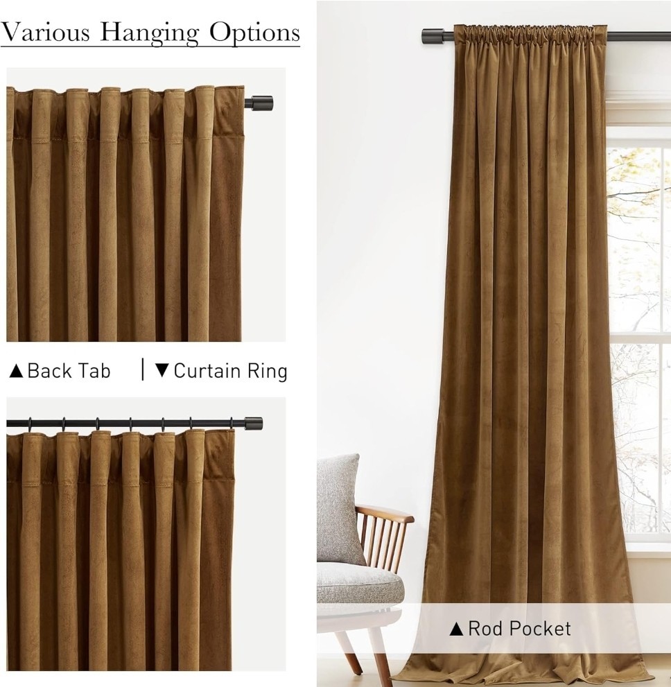 Gold Brown Blackout Velvet Curtains 96 Inches Long Thermal Insulated Room Darken