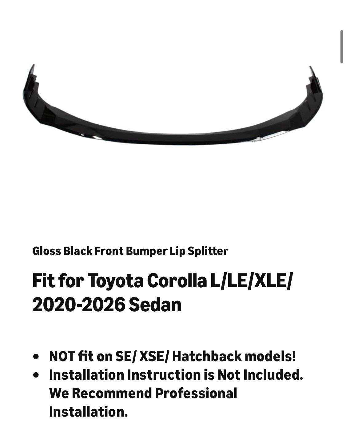 Front Bumper Lip Splitter Spoiler for Toyota Corolla 2020-2026 Gloss Black 3pcs
