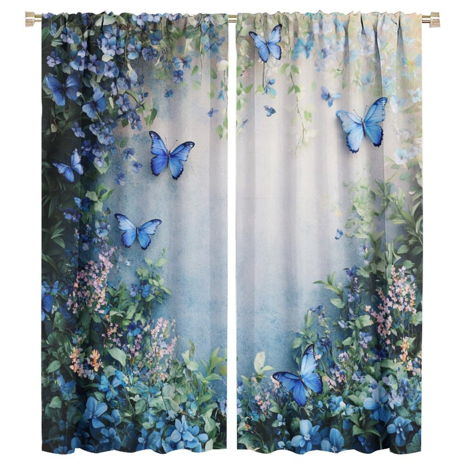 Blue Butterfly Flower Blackout Curtains for Bedroom/Living Room, Beautiful Vi…