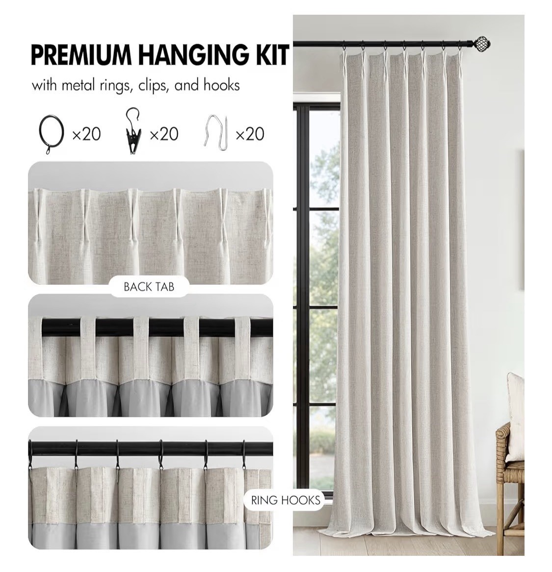 Pinch Pleated 100% Blackout Linen Blend Curtains Lined , Birch Color 40”W X 84”L