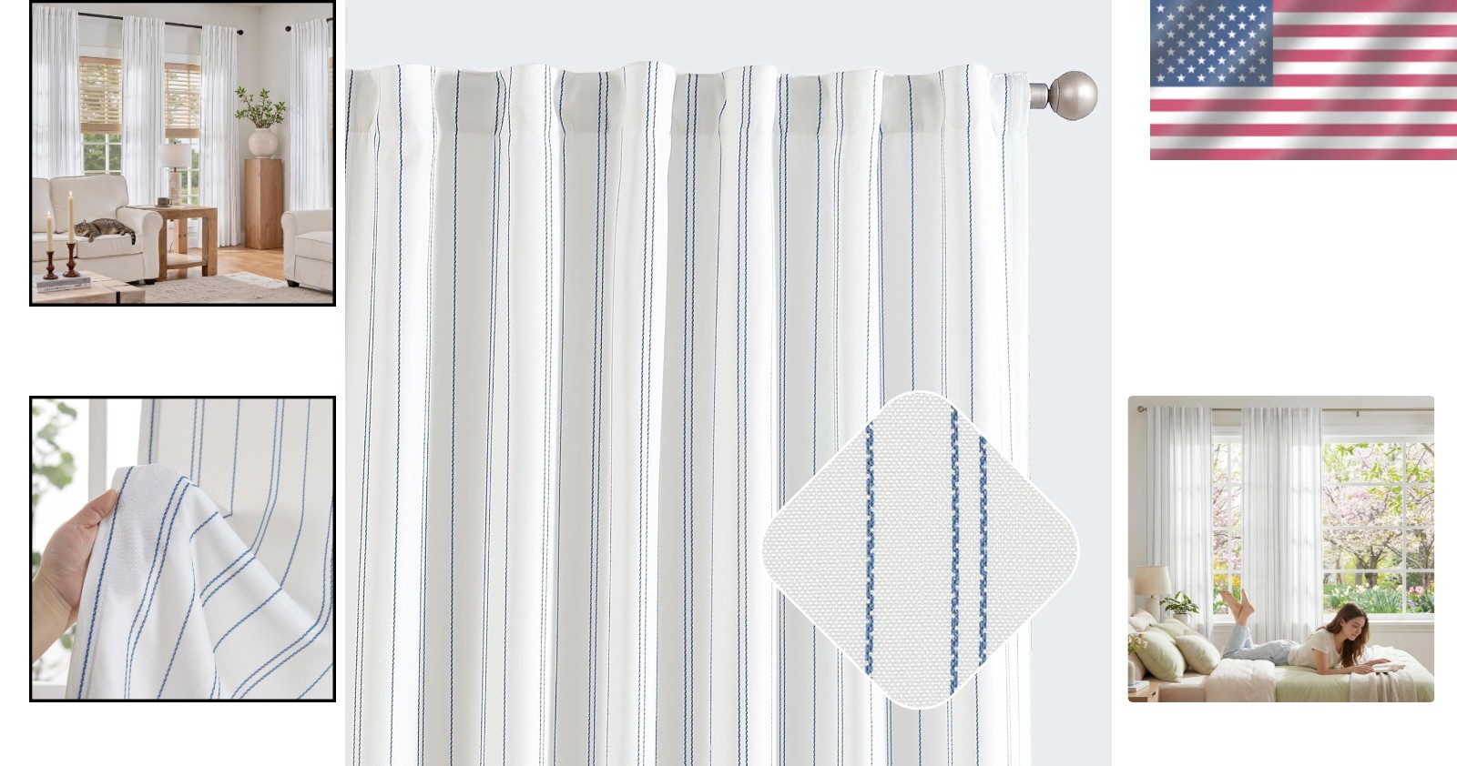White & Blue Striped Curtains, 84″ Length – Stylish Window Treatment Pack of 2
