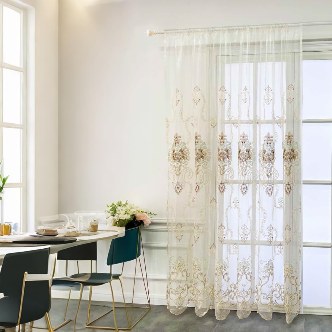 Wpkira Exquisite European Embroidered Floral Sheer Curtains Rod Pocket