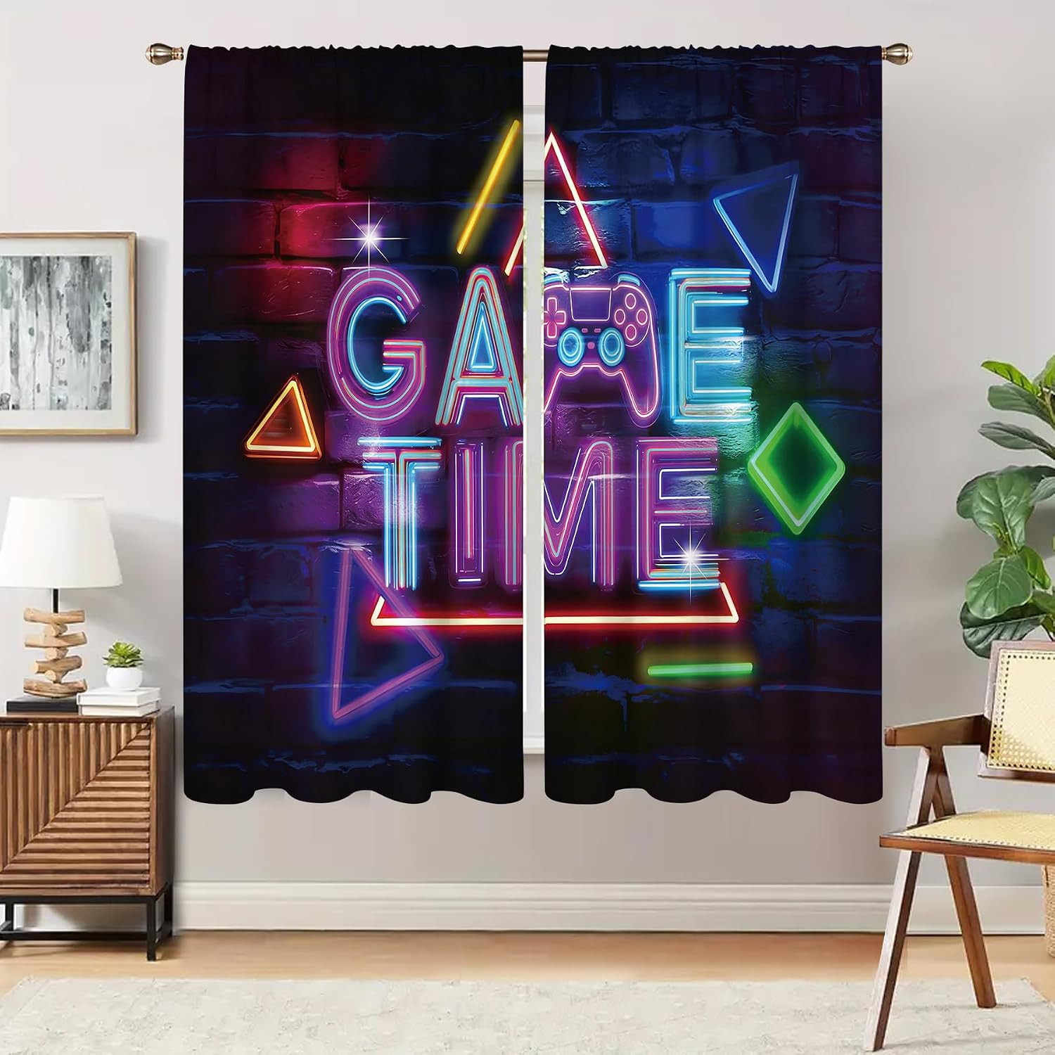 Neon Gaming Window Curtains, Teen Boys Cool Light-Filtering Drapes for Living Ro