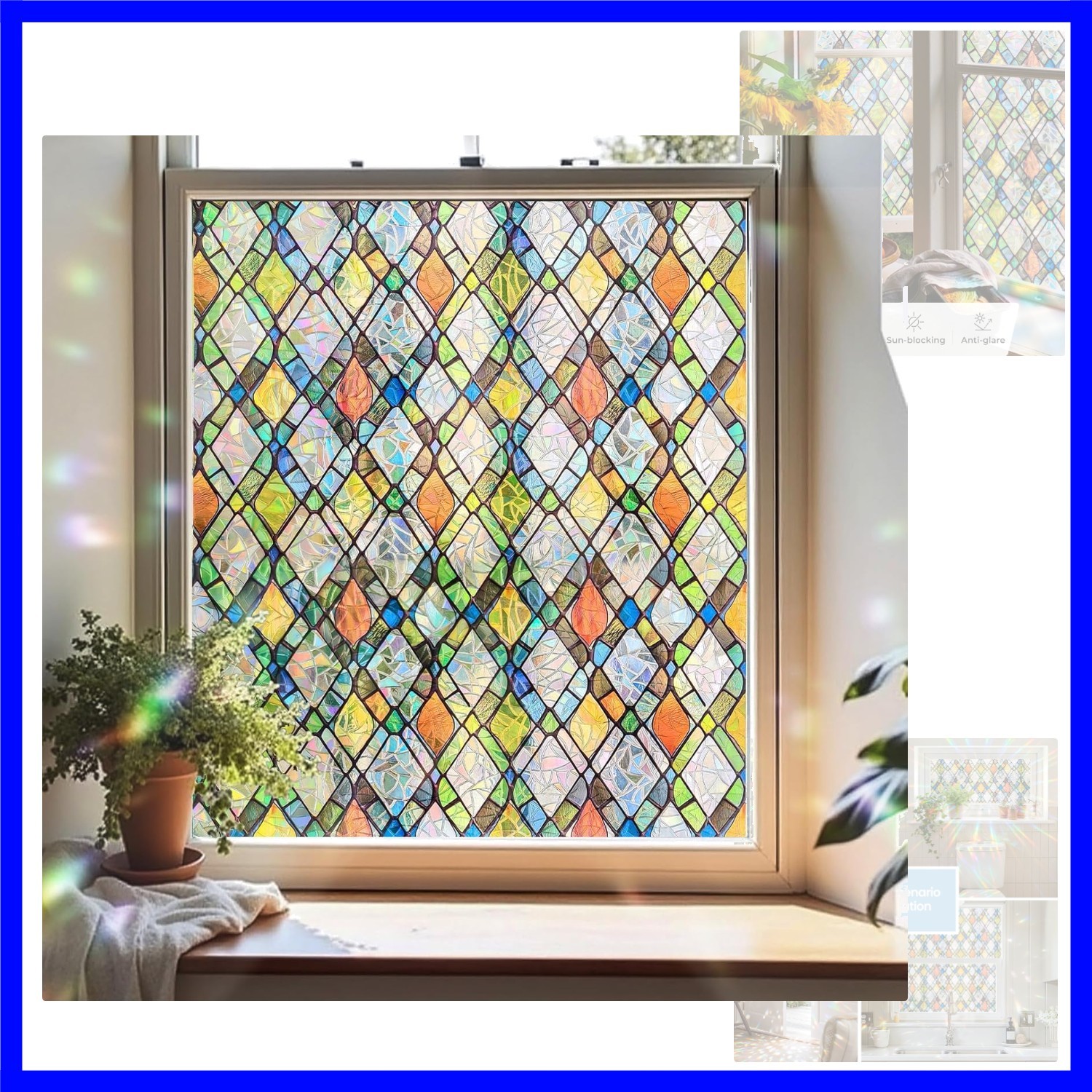 Window Privacy Film, Stained Glass Decorative Static Cling, Removable Laser S…