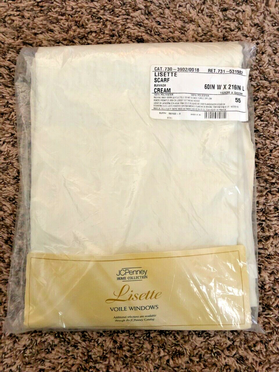 LISETTE VOILE WINDOW SCARF BY J C PENNEY CREAM NEW IN PACKAGE 60″ X 216″