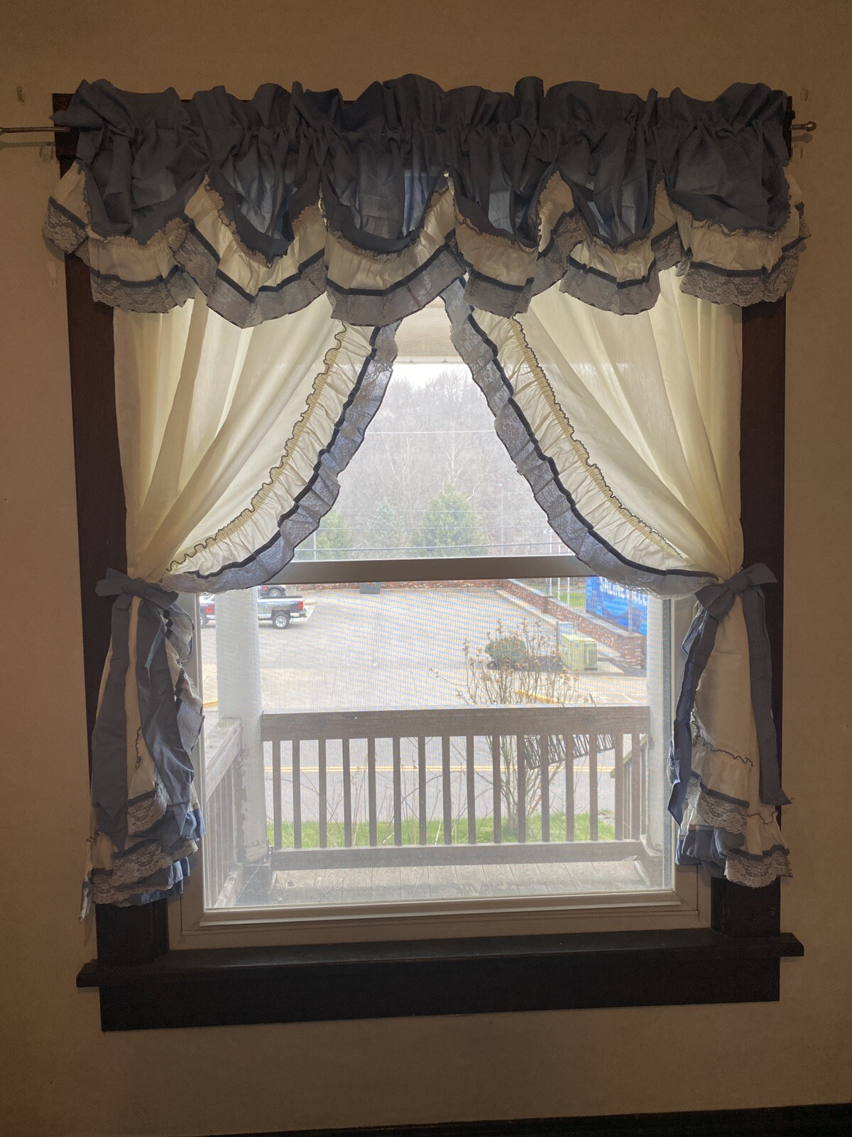 Blue & White Ruffled Curtain Panels With Blue Tie Back Bows Lace Trim