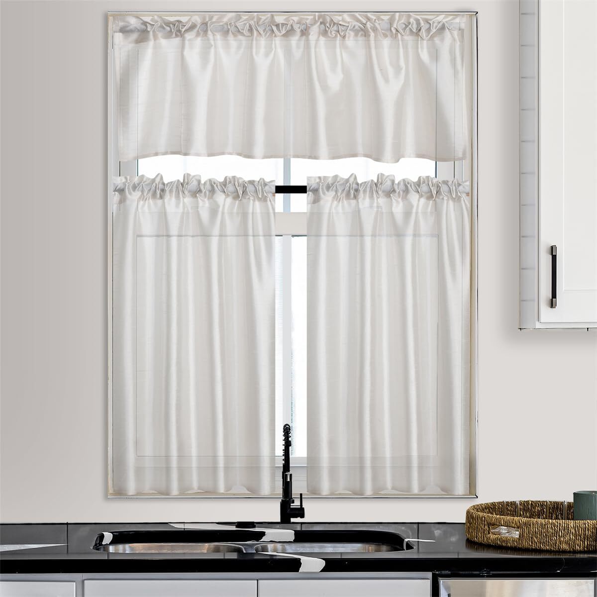 2 Tiers 26x36in Each and 1 Valance 52x14in Rod Pocket Faux Silk Sheer Curtains