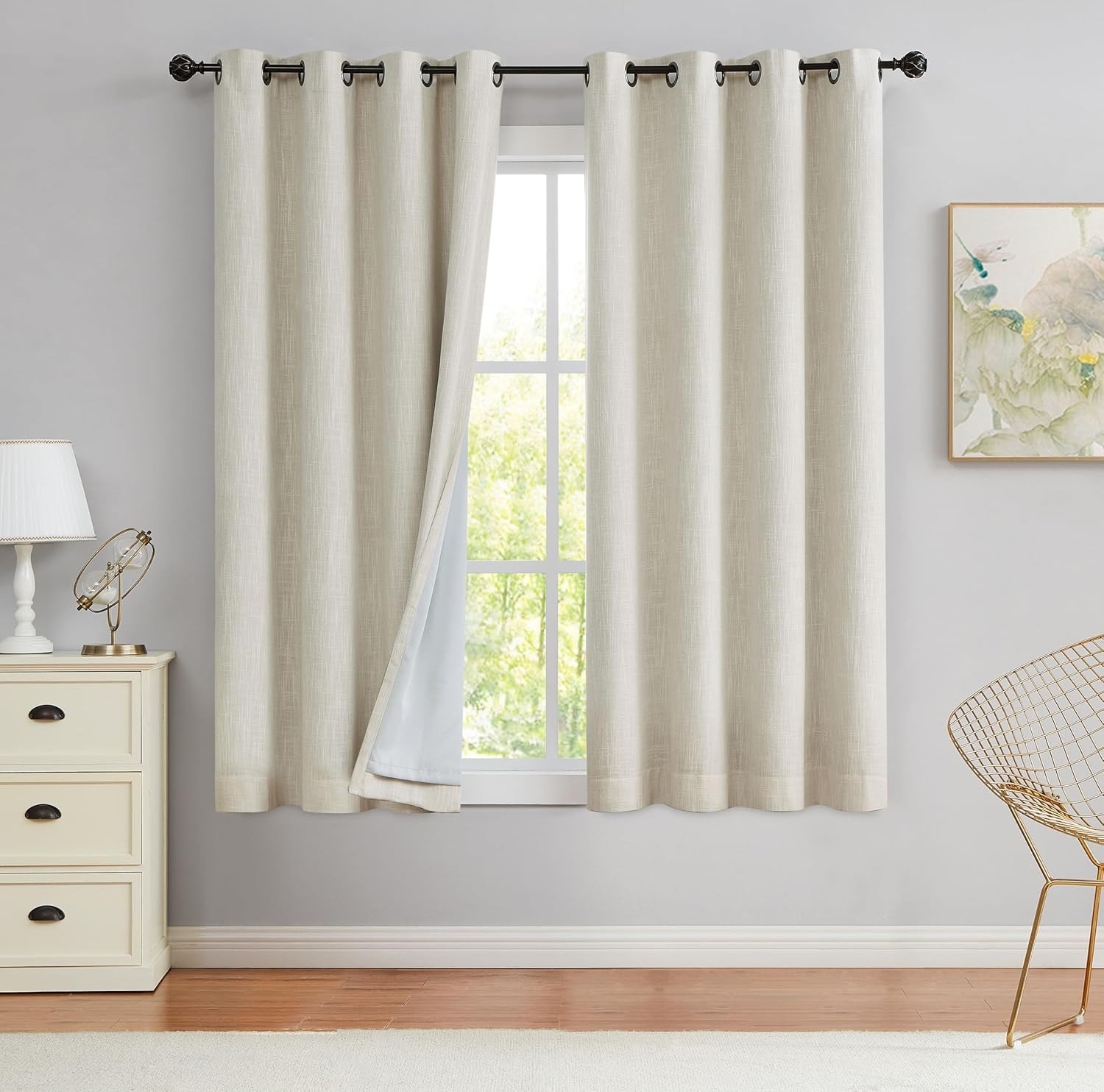 Beige Solid Full Blackout Curtain Heavy Linen Texture Window Treatment for Bedro