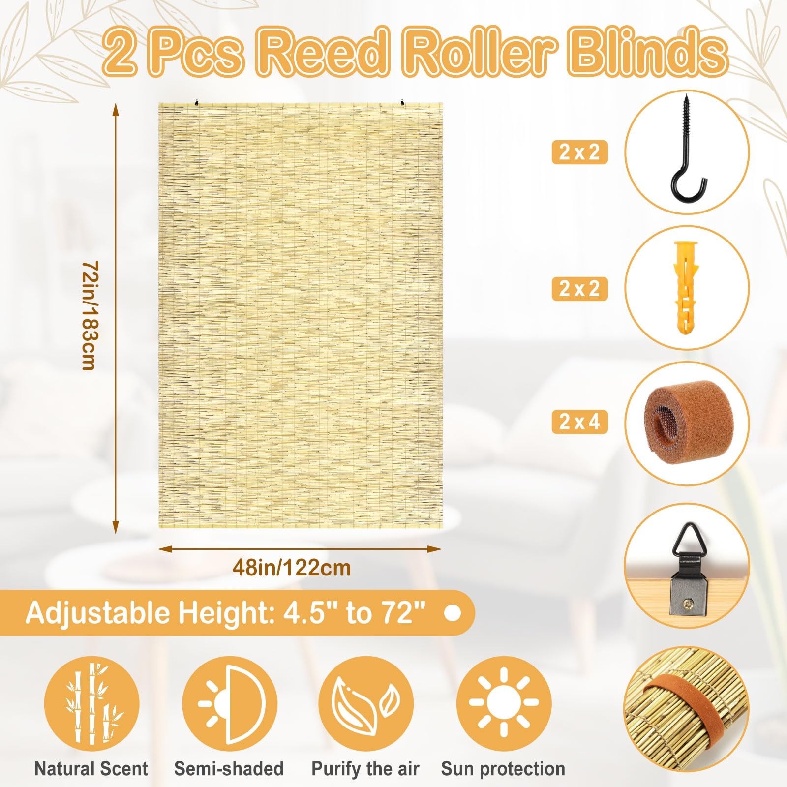 2 Pcs Bamboo Roll Up Blinds 48″ W x 72″ H Outdoor Cordless Shades for Privacy &