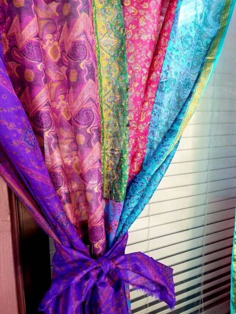 2 Pcs Indian Sari Patchwork Curtain Drape Window Decor Multi Silk Sari Curtain