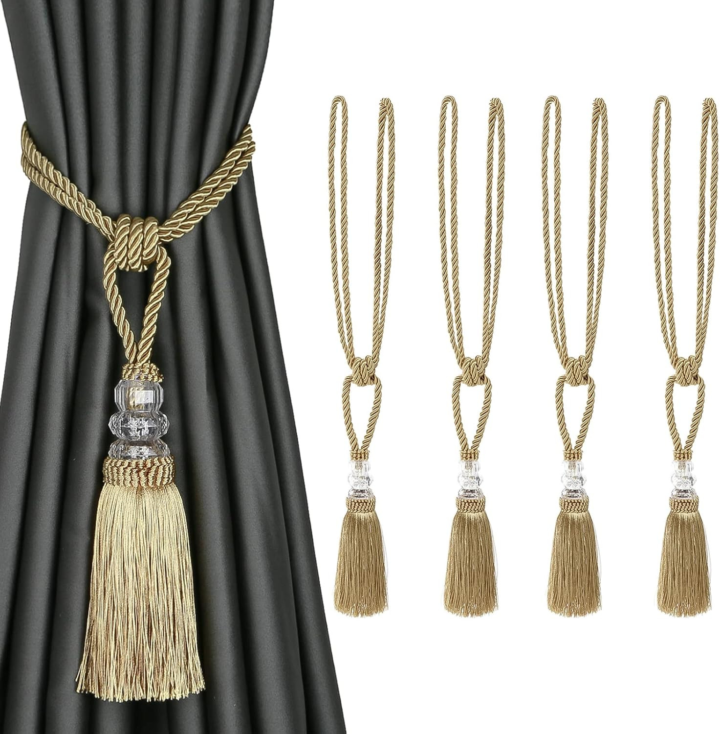 4 Pack Curtain Hand-Woven Tiebacks Crystal Holdbacks Home Decorative Tassels (Go