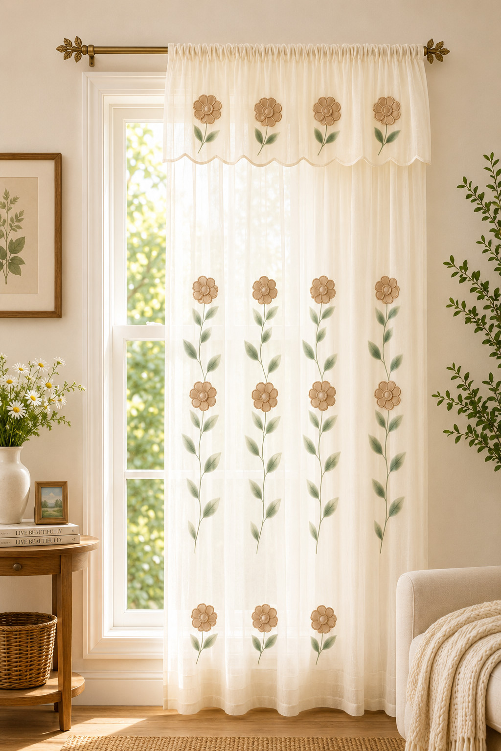 Vintage Ivory Floral Sheer Curtain Panel Double Layer Valance 60 in. x 84 in.