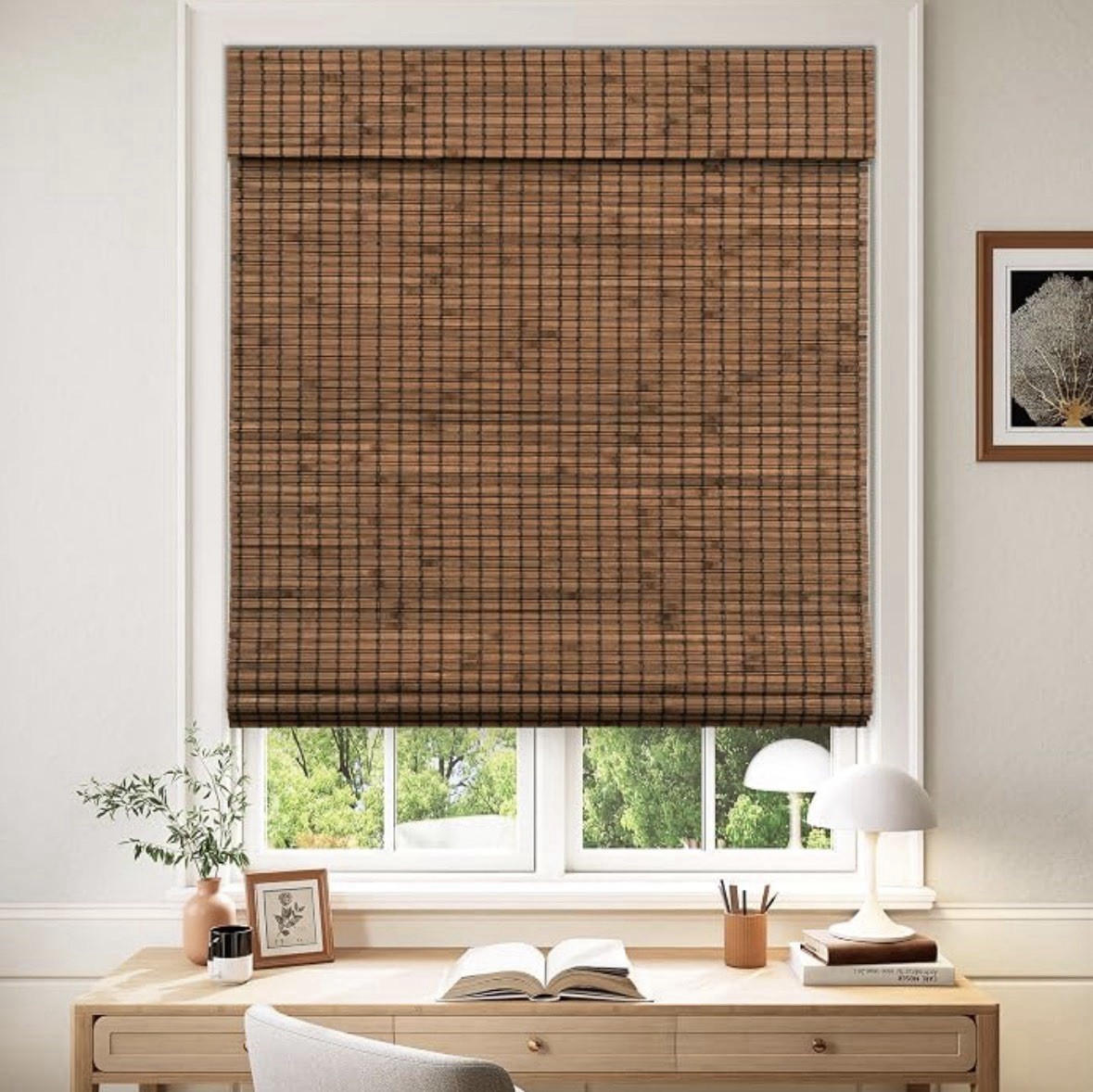 Cordless Blackout Bamboo Roman Shades, 31×64, Penang Teak