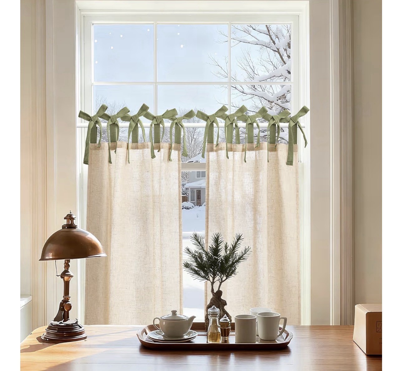 Jinchan Beige/Green Linen Curtains Top Tie 2 Panels 26x36L” Light Filtering
