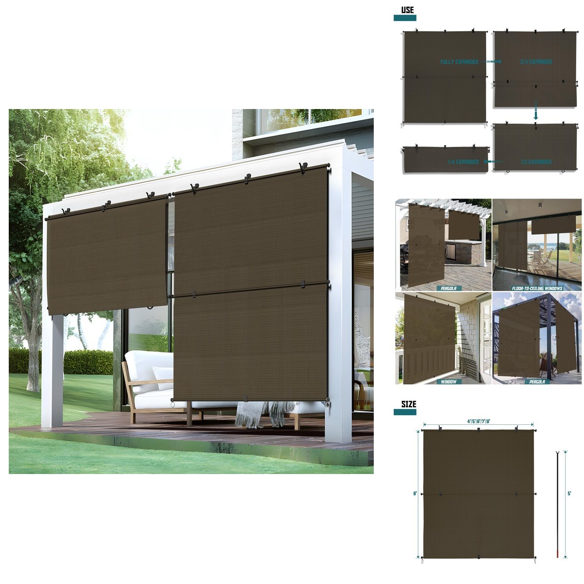 Bynbbur 5W X 6H Outdoor Patio Shades Foldable Roller Blinds 220 Gsm Sun Shade