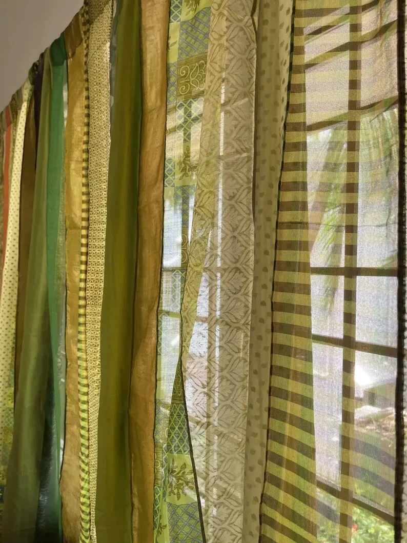 2 Pc Indian Old Recycle Silk Saree Boho Multi Curtain Door Drape Decor Curtain