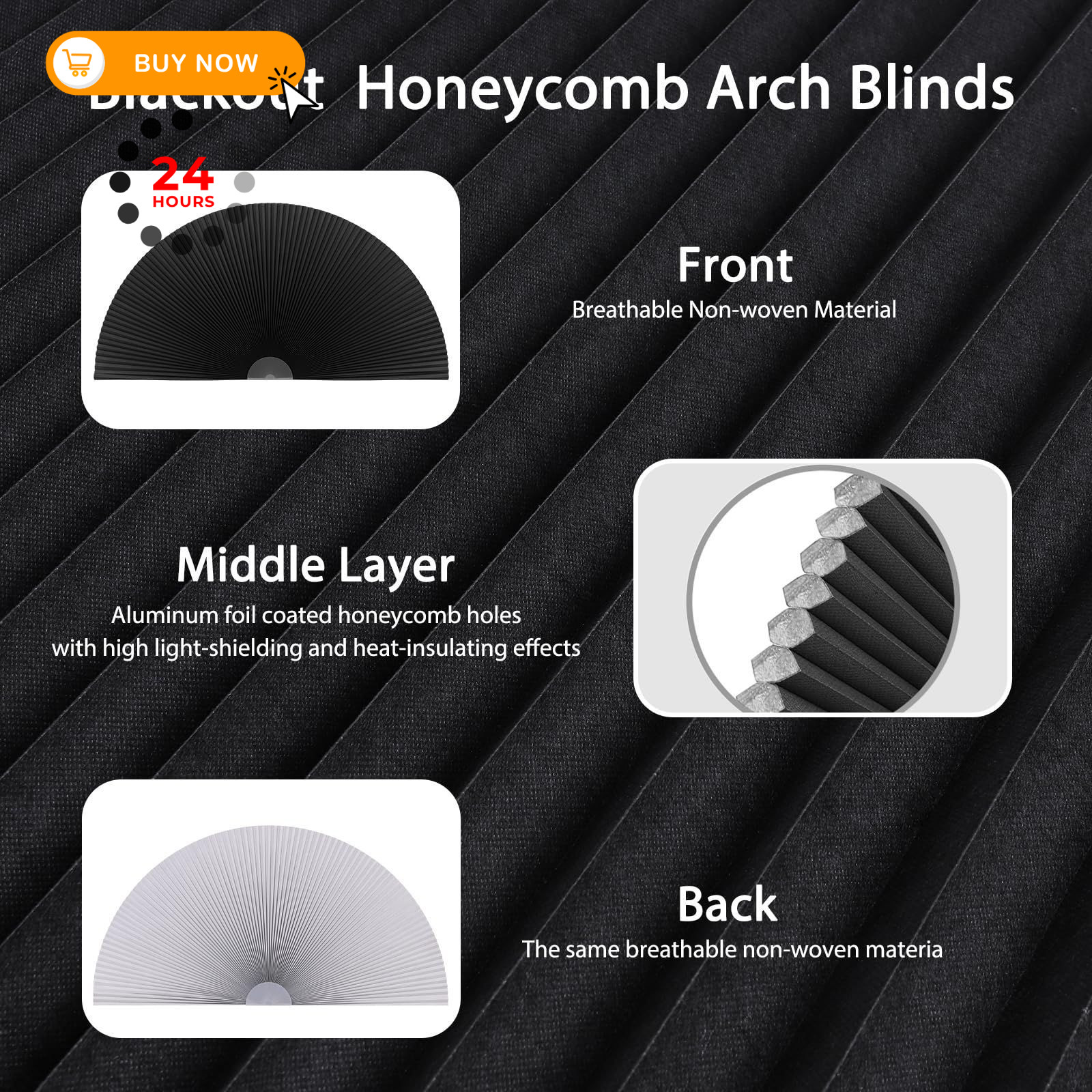 Arch Window Shade Blackout Cellular Shades Half Circle 24″W x 12″H, Black