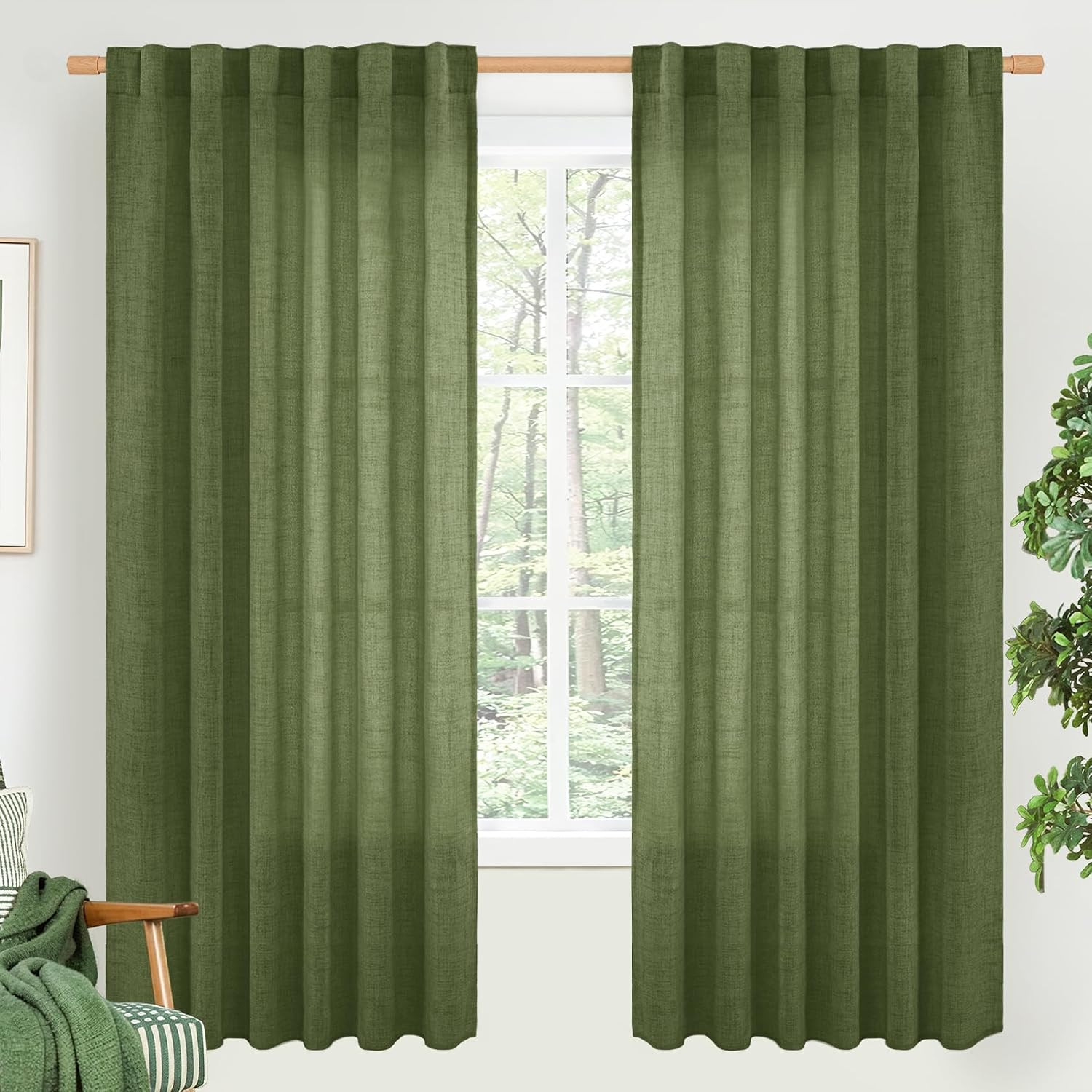 96 Inches Long Linen Semi Sheer Curtains for Living Room 2 Panel Set, Light Filt
