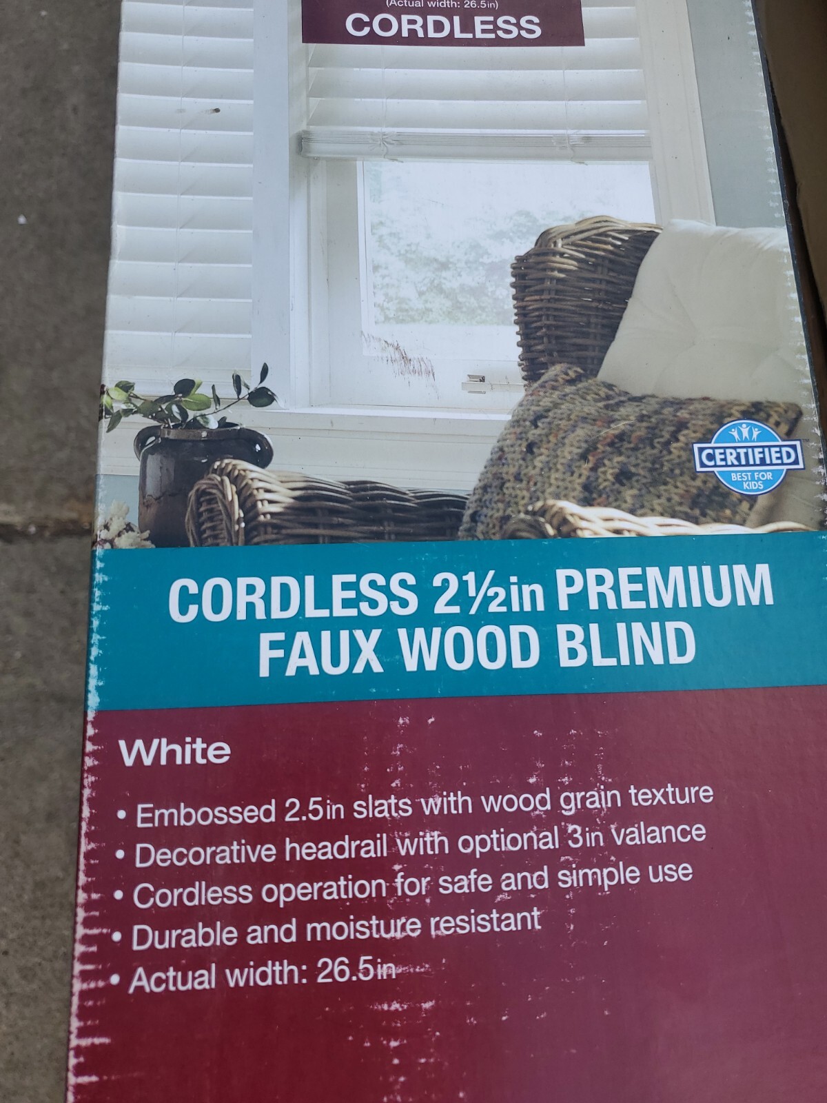 30″ x 64″ Home Decorators White Cordless 2 1/2″ Premium Faux Wood Blinds