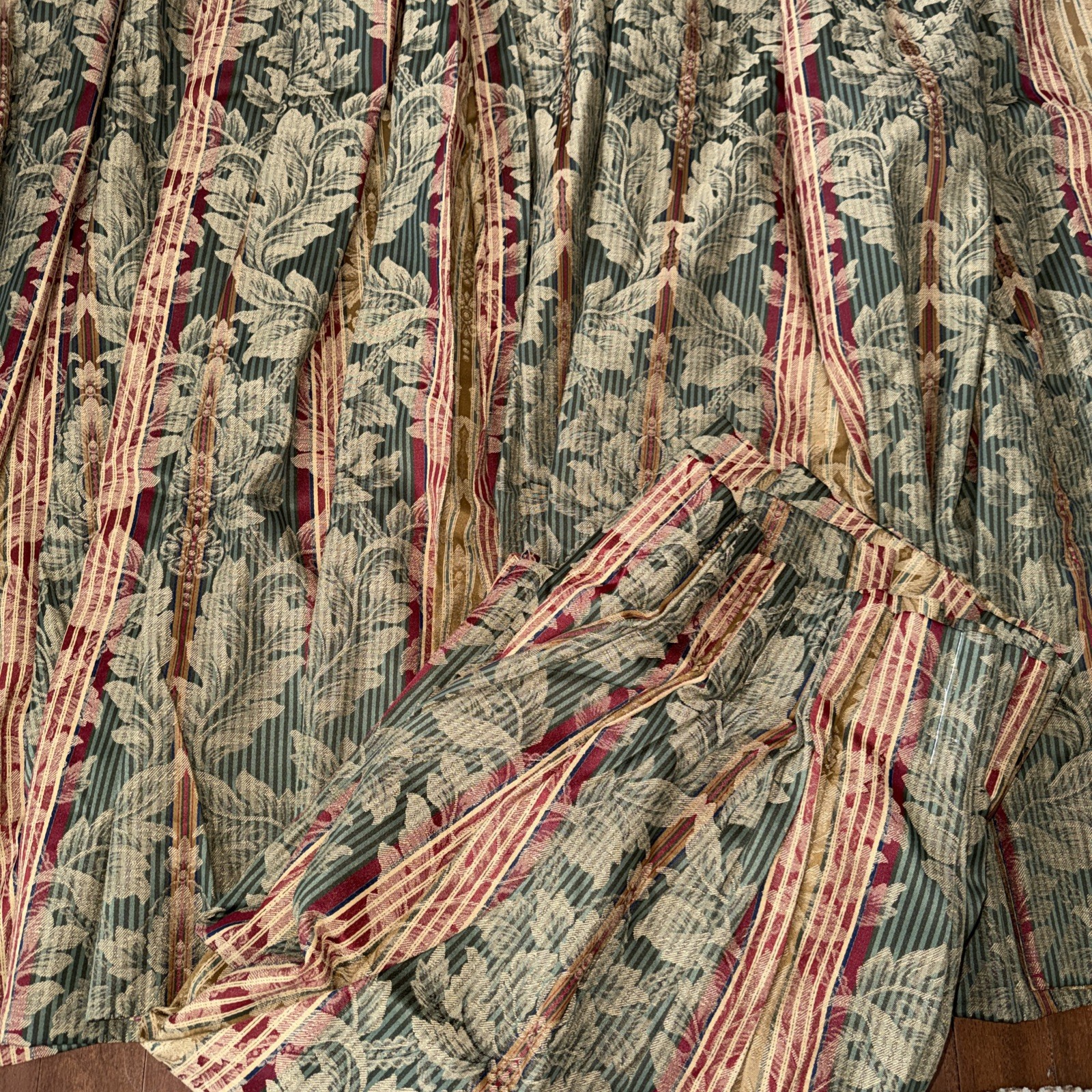 Pair Pinch Pleat Lined 2 Drapes 56Wx84L Brocade-Striped Red Green + 112” Valance