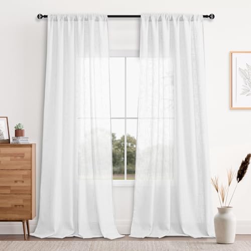 Faux Linen Sheer Curtains – Semi Voile Window 52″W x 96″L (Pack of 2) White