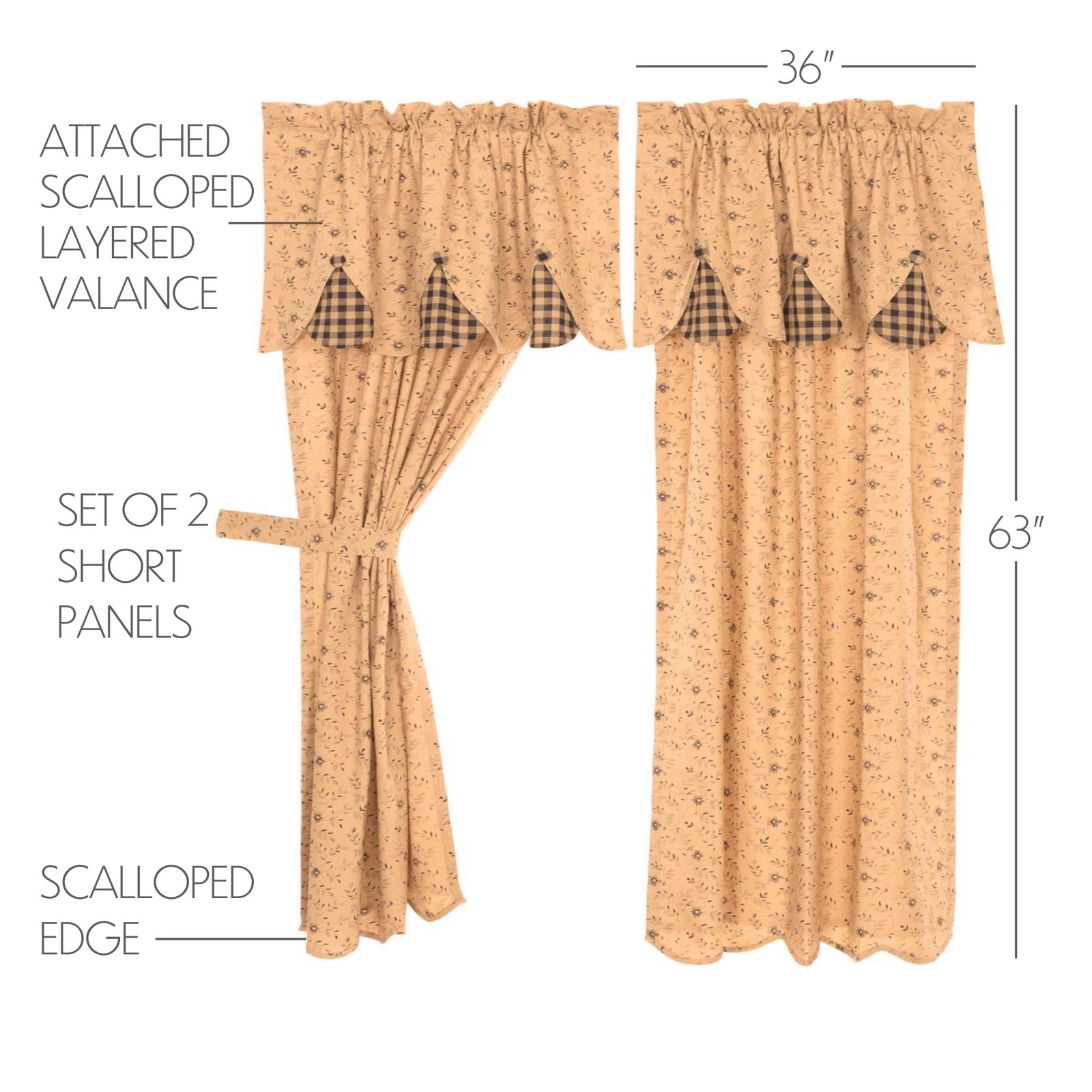 VHC Brands Primitive 63″x36″ Panel Pair Tan Rod Pocket Buttons / Window Curtains