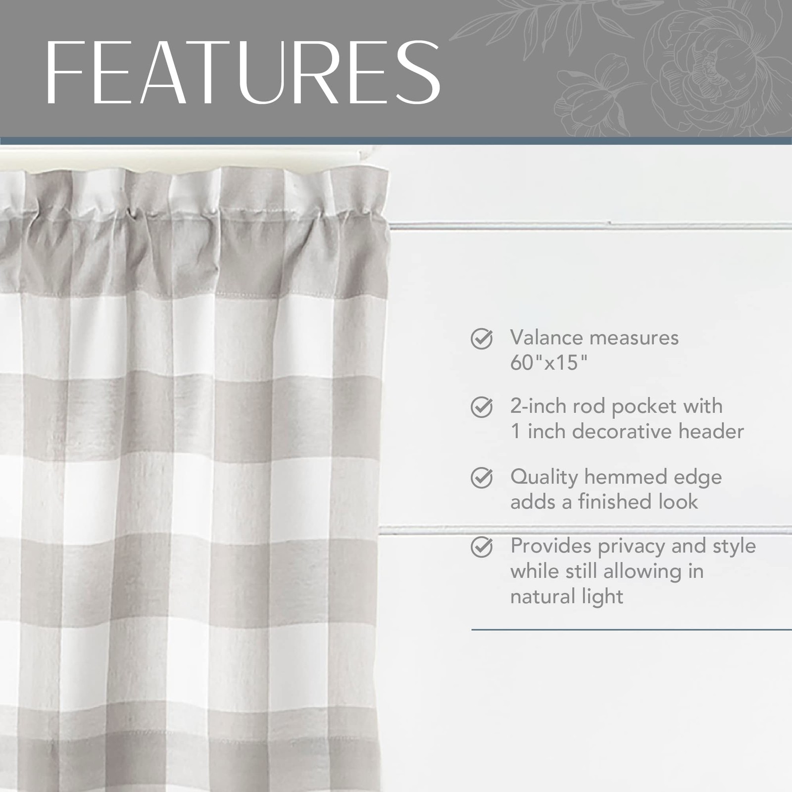 Farmhouse Living Buffalo Check Window Valance, Gray/White – 60″ W x 15″ L