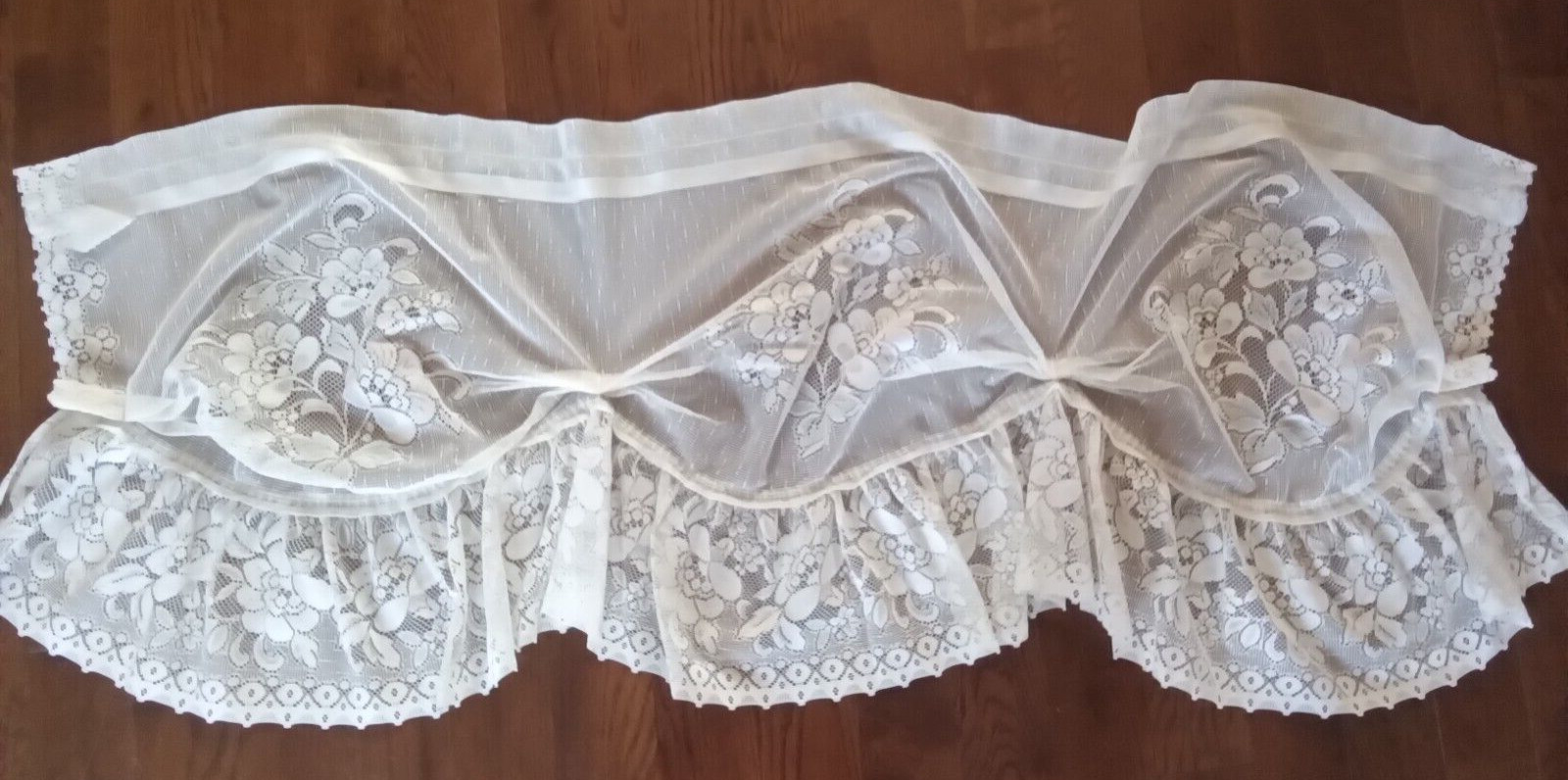 TWO (2) VINTAGE BEIGE NET LACE VANANCES WITH PALE PINK AND BLUE FLOWERS
