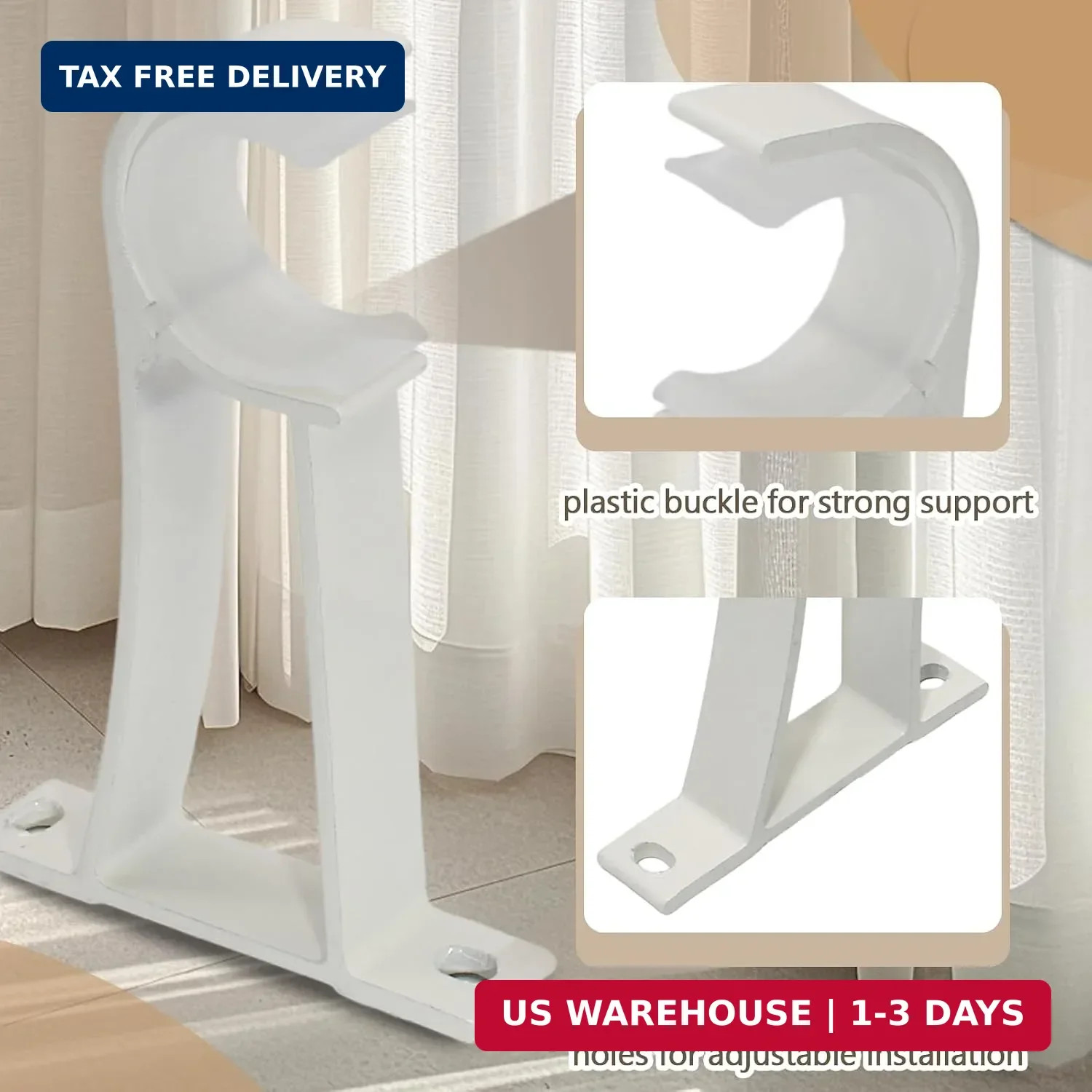 Curtain Rod Brackets for Wall, 4 Pack, White Curtain Rod Holders | for 1 Inch Dr