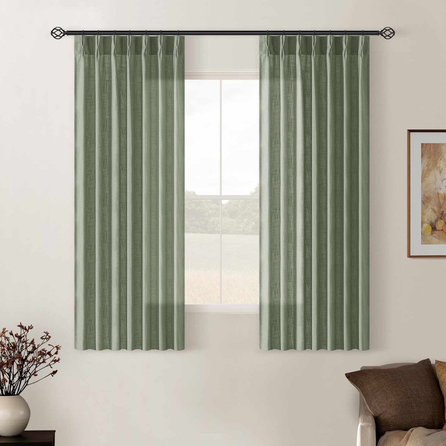 Pinch Pleated Linen Curtains 96 Inch Light Filtering Drapes 2 Panels Neutral