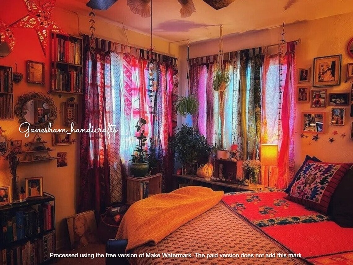 2 Pc Indian Sari Patchwork Curtain Drape Window Decor Pink Silk Sari Curtain