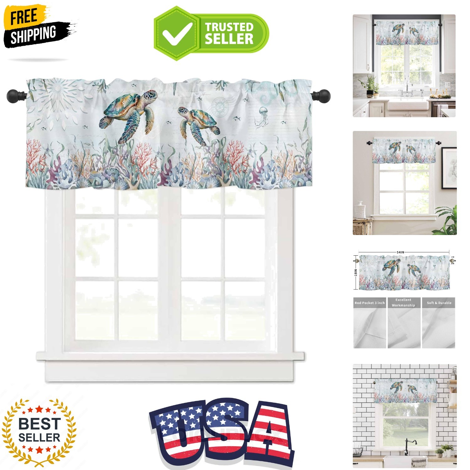 Teal Blue Turtle Coastal Valances Window Treatment Farmhouse Decor, Summer Be…