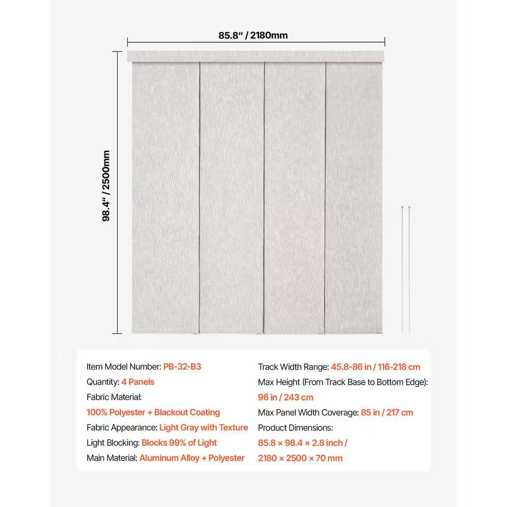 Panel Track Blinds, Extendable Track from 21.25 In. to 86 In. W, Trimmable Panel