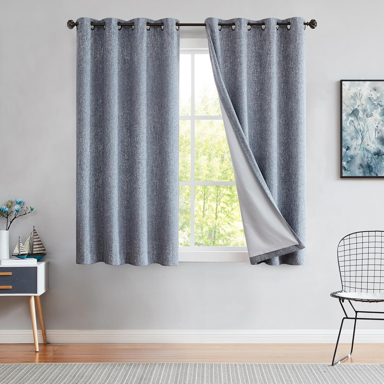 Indigo Solid Full Blackout Curtain Heavy Linen Texture Window Treatment for Bedr