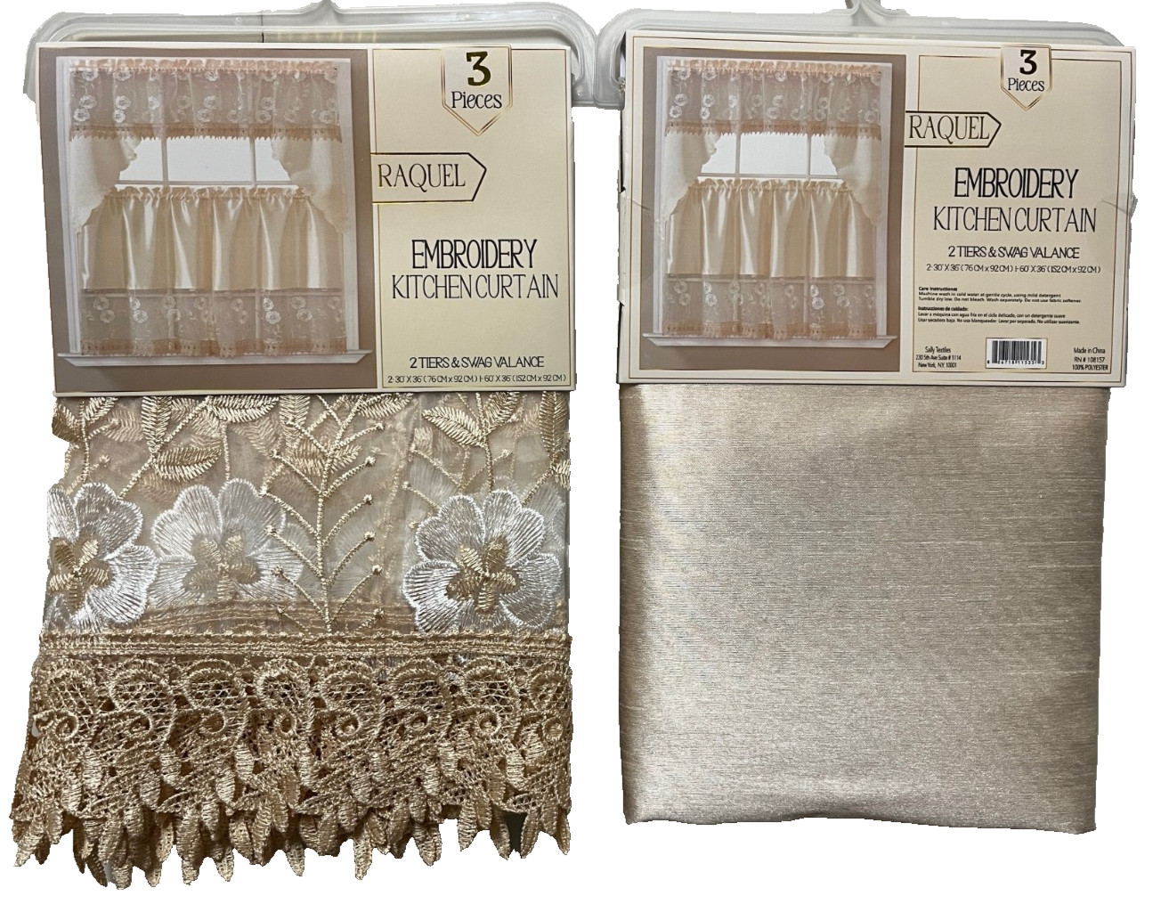RAQUEL BEIGE EMBELLISHED LACE KITCHEN 36 INCH TIER CURTAINS AND SWAG SET