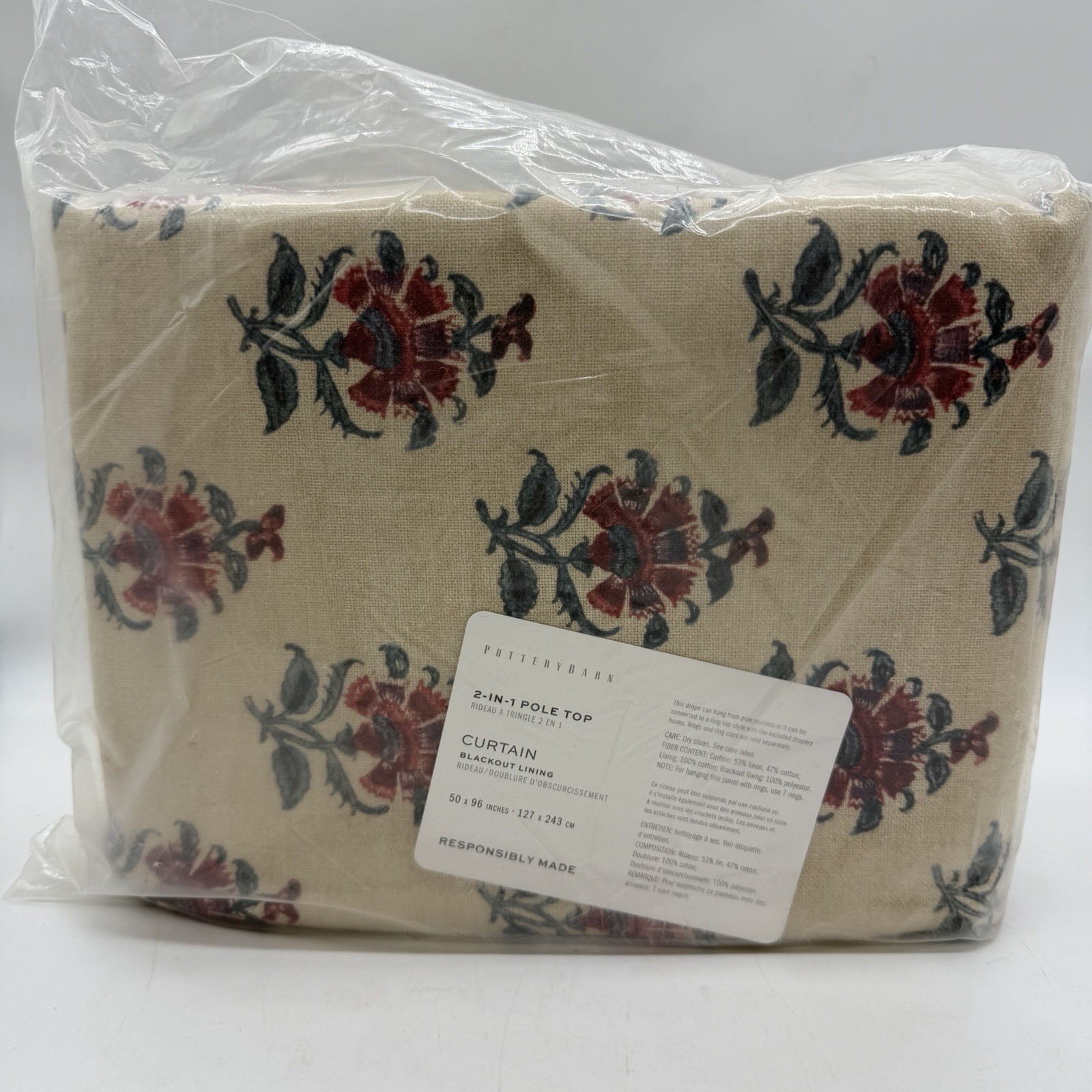 Pottery Barn Arnica Bhotah Beige BLACKOUT Drape Curtain 2 In 1 Pole Top 50 x 96